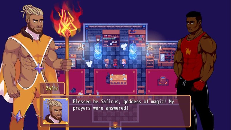 Burning Horns: A Bara Isekai JRPG — Fantasy RPG dialogue scene between two male characters — Burning Horns game screenshot.